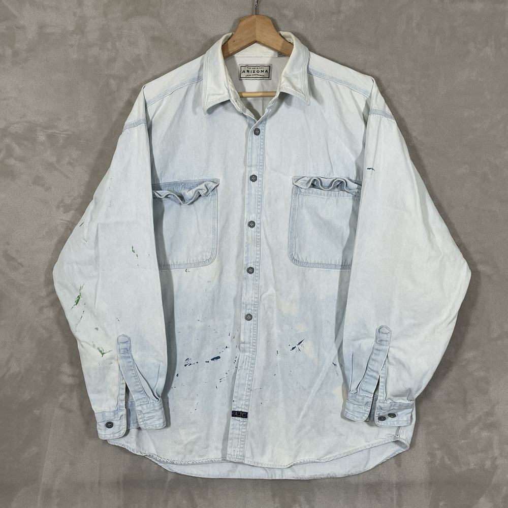 Vintage Denim Shirt Mens Large Metal Button Paint Splattered Distressed Chambray
